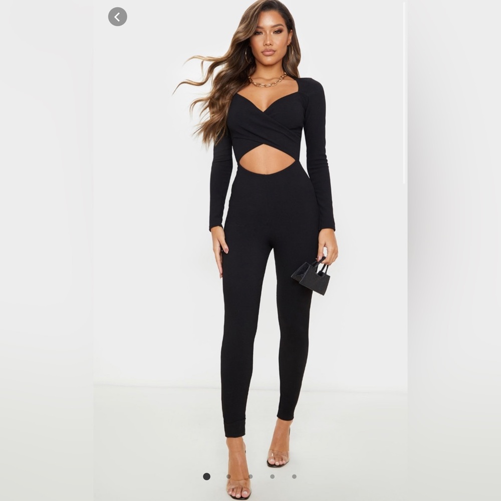 Black rib cross over long sleeve jumpsuit